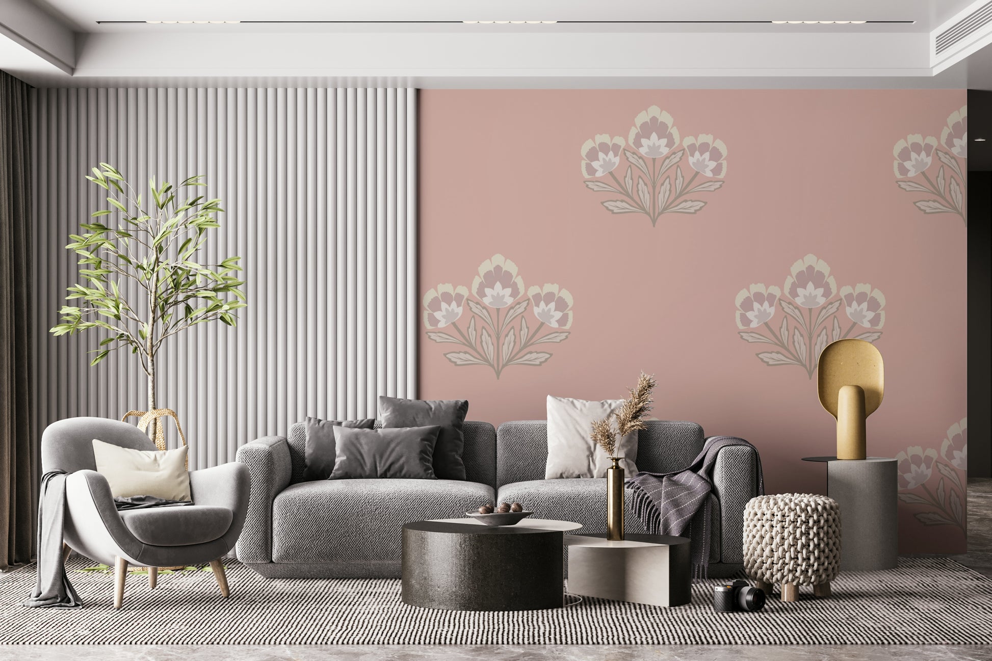 Sophisticated Blush Blooms design, bespoke feature wall mural, appealing interior.
