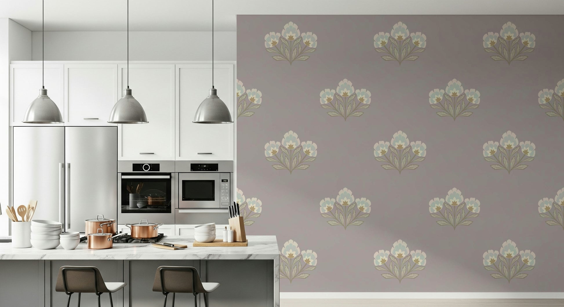 Lilas Bloom wallpaper, serene floral bouquet print, subtle mauve backdrop.