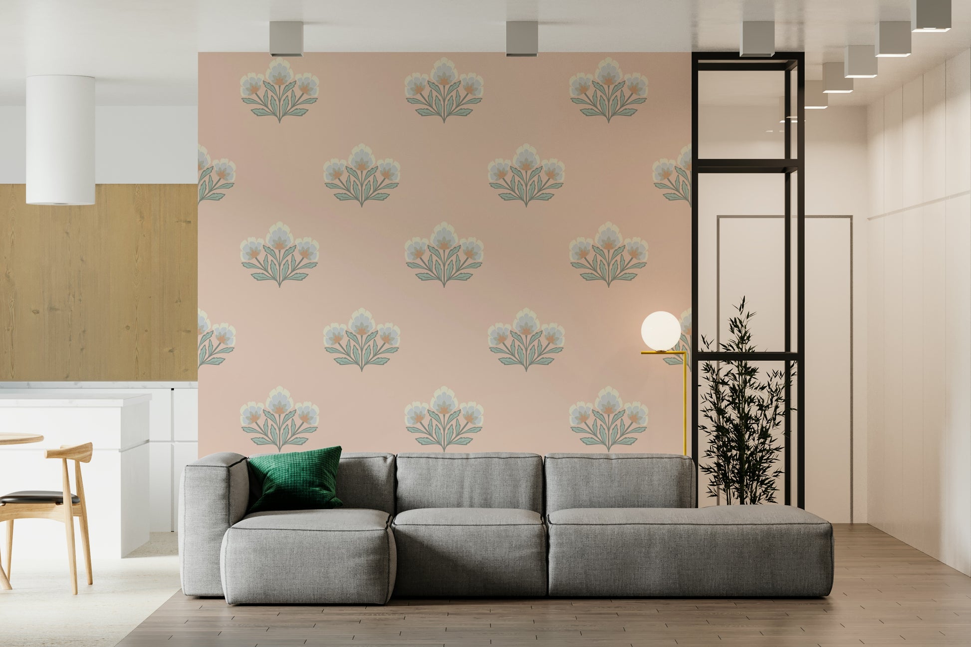 Soft peach background wallpaper featuring classic art deco flowers.