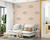 Light airy wall mural stylized primrose bouquet repeat motif.