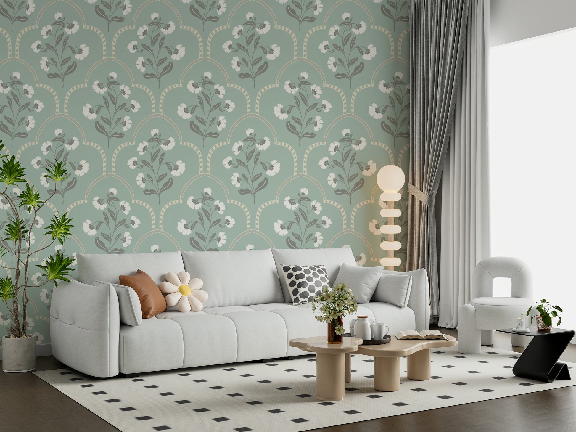 Wallpaper for walls, elegant flower sprigs, scallop pattern, calming aesthetic.