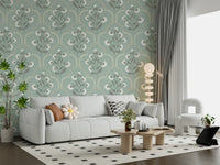 Wallpaper for walls, elegant flower sprigs, scallop pattern, calming aesthetic.