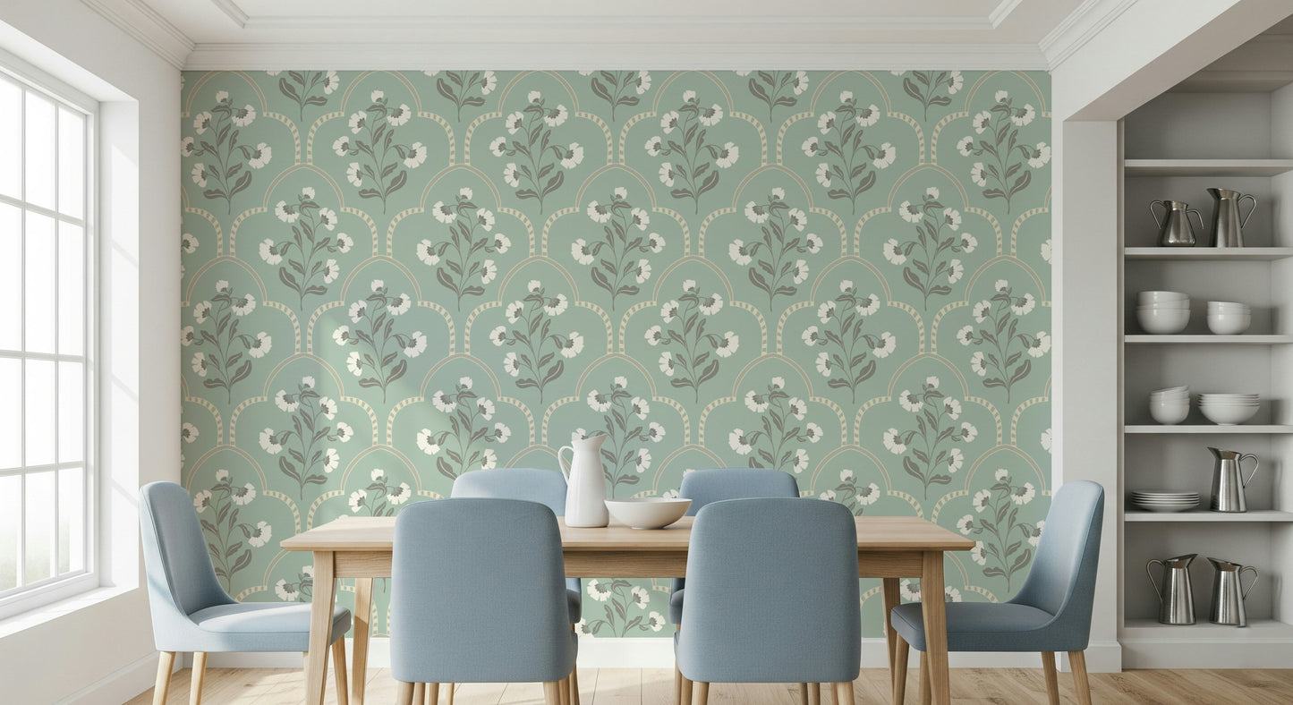 Mural wallpaper, delicate white florals, subtle grey leaf motif.