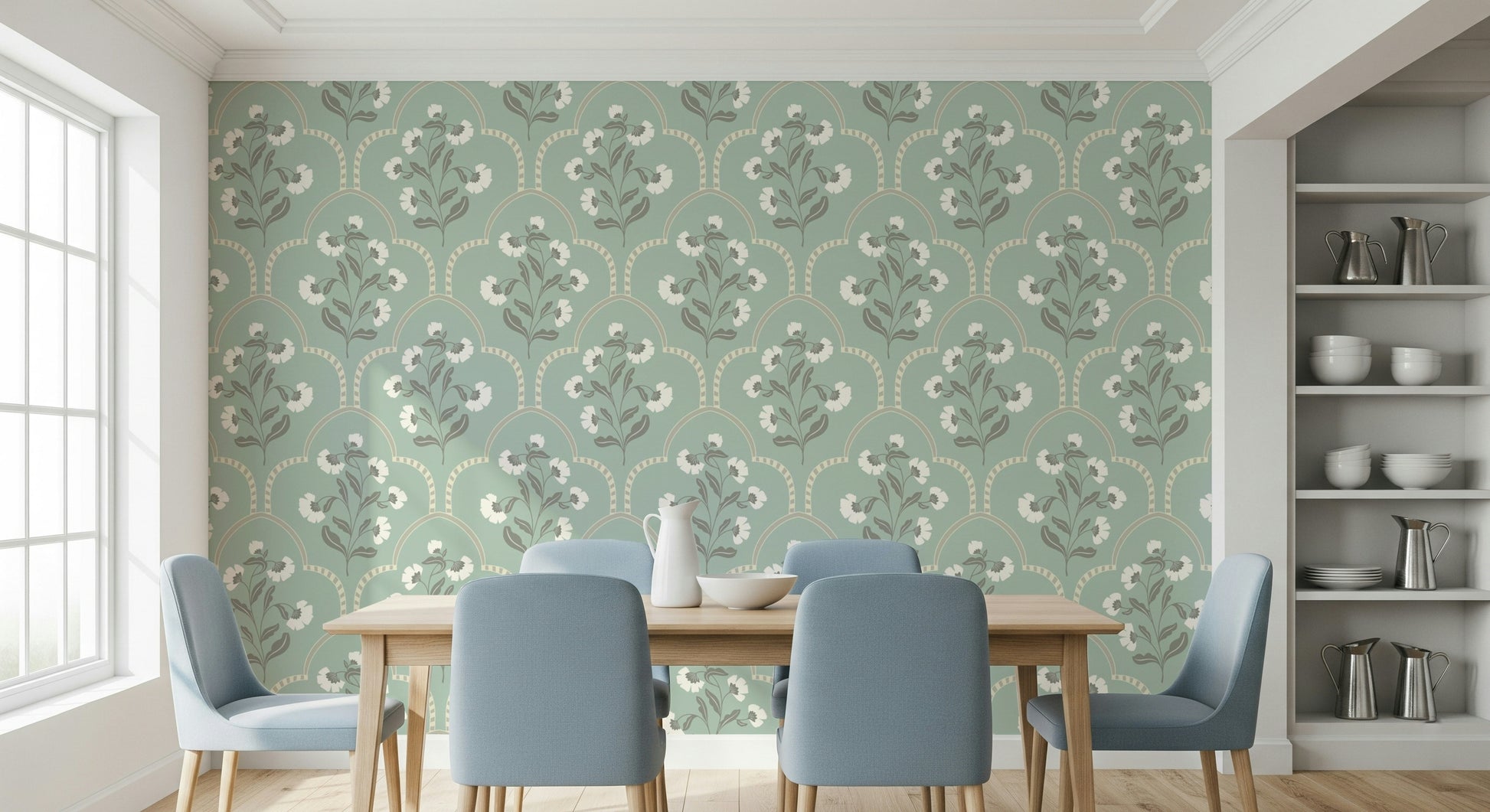 Mural wallpaper, delicate white florals, subtle grey leaf motif.