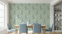 Mural wallpaper, delicate white florals, subtle grey leaf motif.