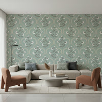 Arched Floral Elegance wallpaper, sage green curved geometric design.