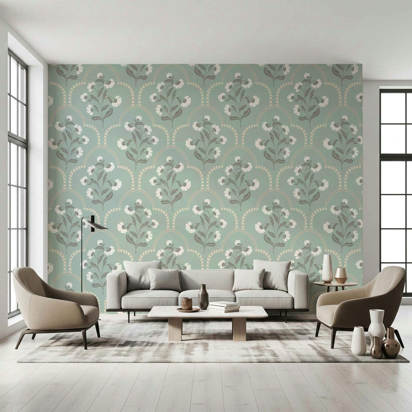 Wall mural, arched lattice design, blooming white flowers, refreshing style.