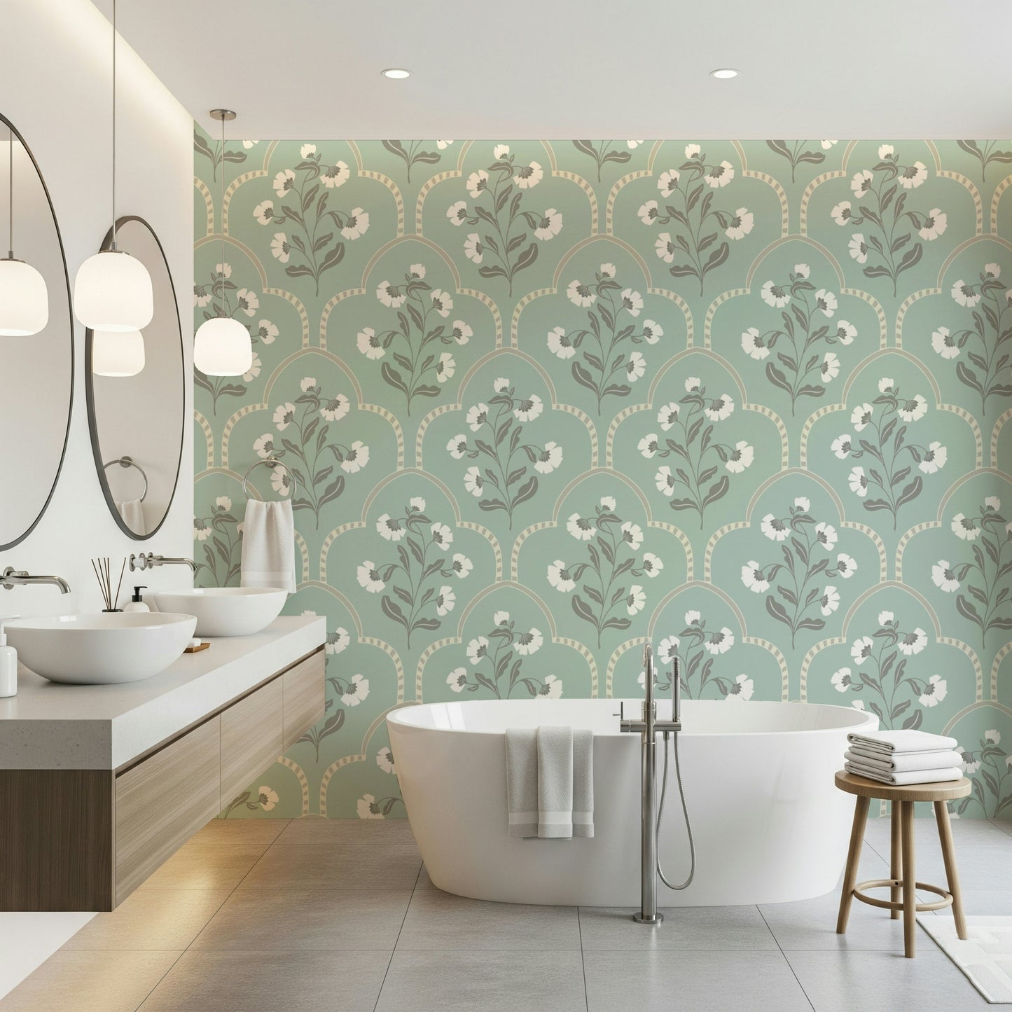 Arched Floral Elegance, sophisticated bedroom feature wall treatment.