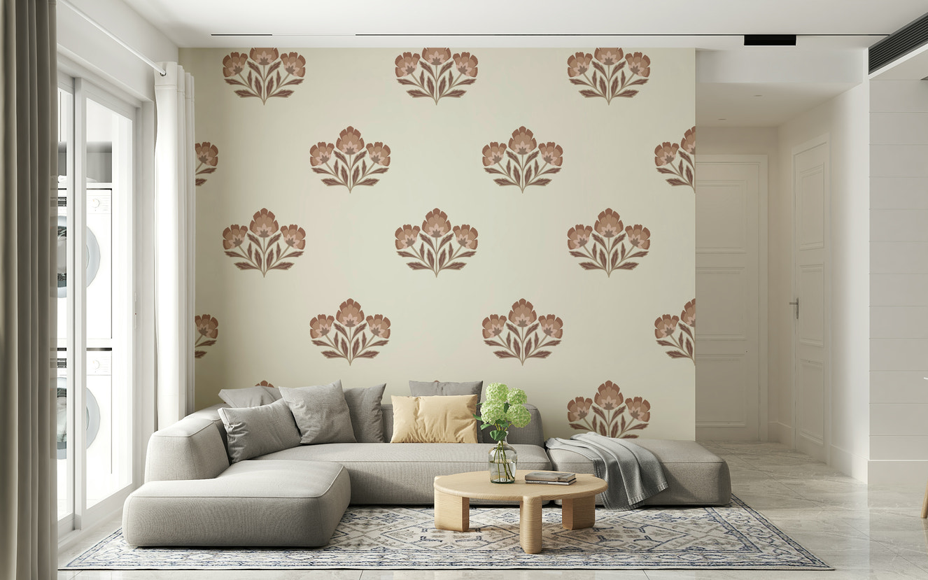 Earthy Flora wallpaper, stylized botanicals, harmonious wall décor.