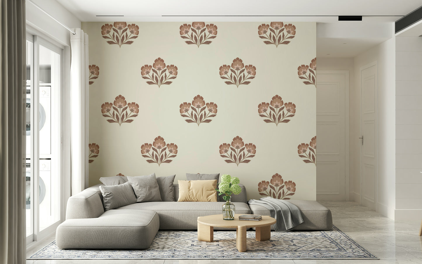 Earthy Flora wallpaper, stylized botanicals, harmonious wall décor.