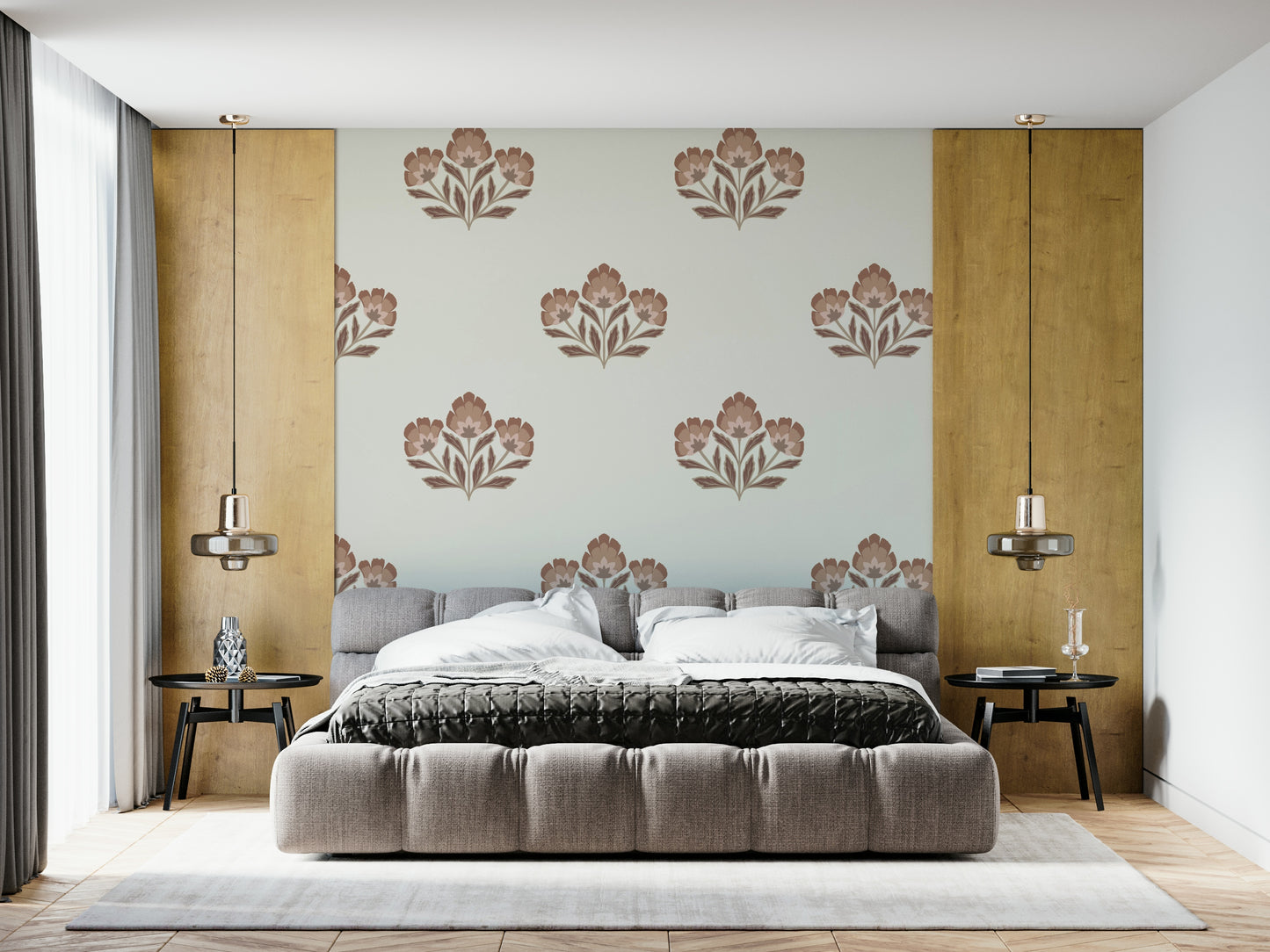 Home wall mural, stylized blossoms, warm beige, tranquil setting, Earthy Flora.