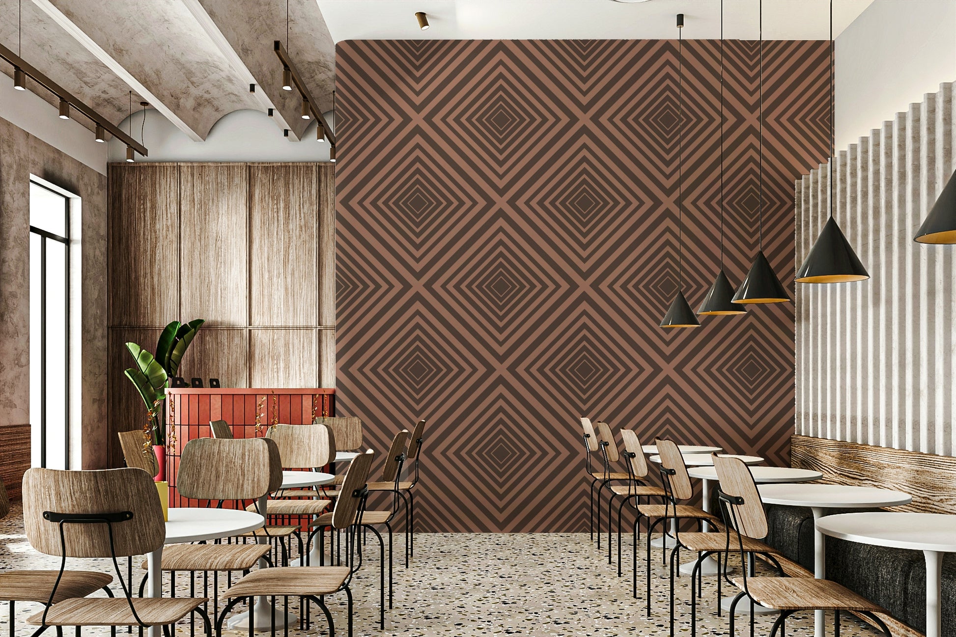 Brown chevron wallpaper, bold graphic print, distinctive feature wall, Terra Lines.