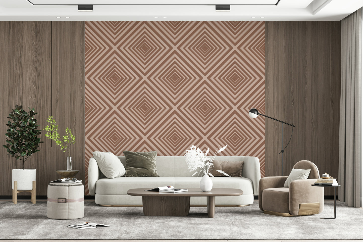 Geometric Chic wall mural, stylish intersecting stripes, blush color.