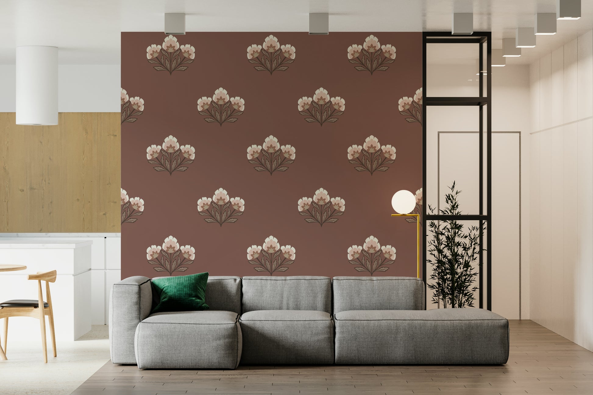 Earthy Bloom wallpaper, traditional pattern, warm brown wall decor.