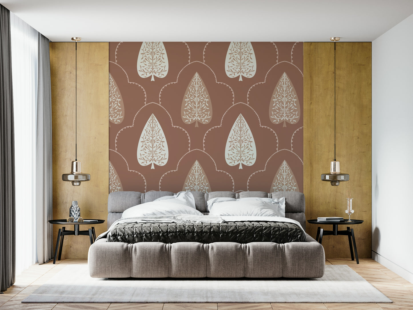 Forest Accent wall mural, intricate leaf work, serene home backdrop.