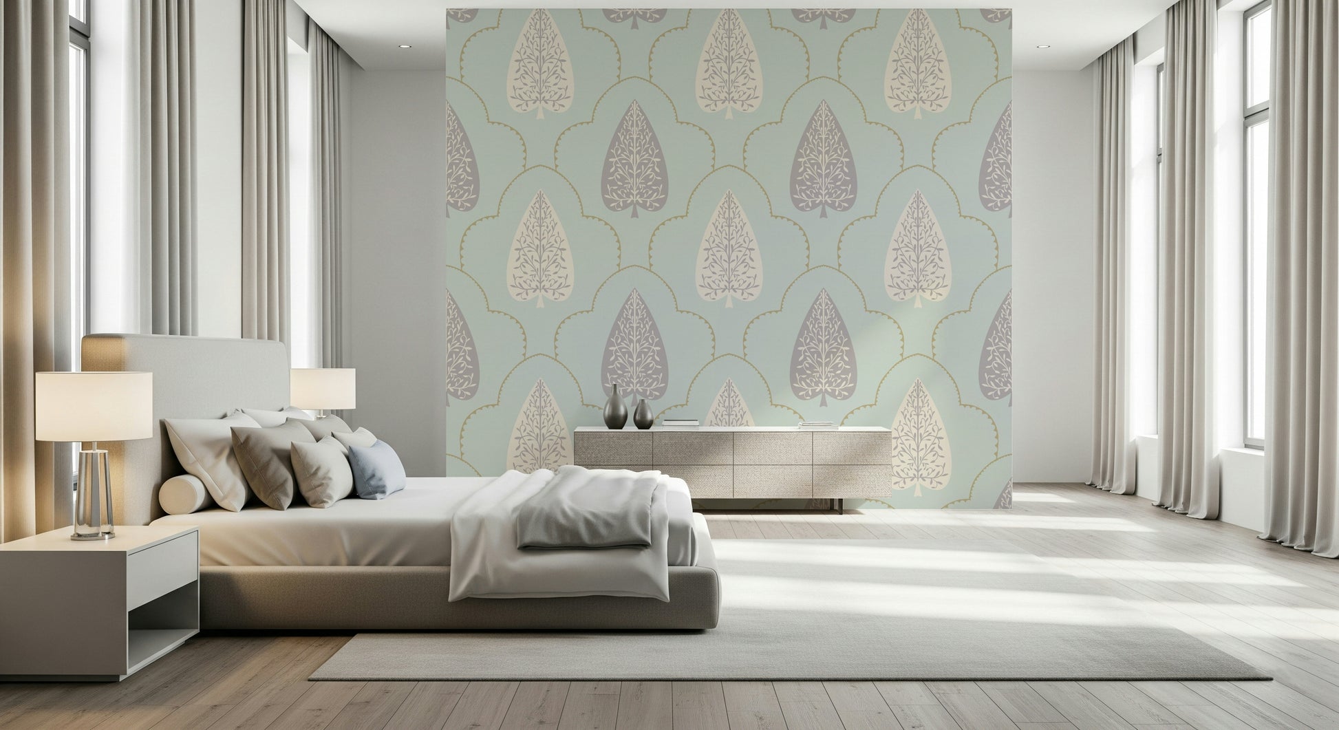 Calm Tranquil Trellis wallpaper with subtle mauve floral tracery.