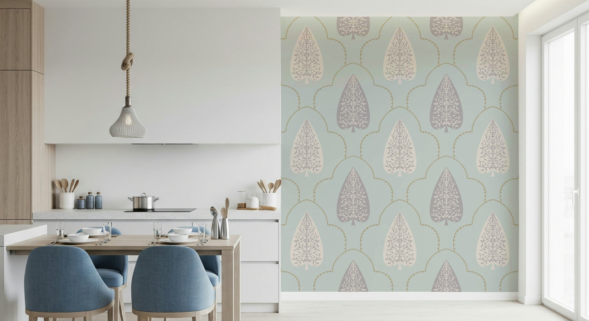 Tranquil Trellis wallpaper serene sage color leaf motif design.