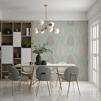 Refined Tranquil Trellis wallpaper powder blue neutral color scheme.
