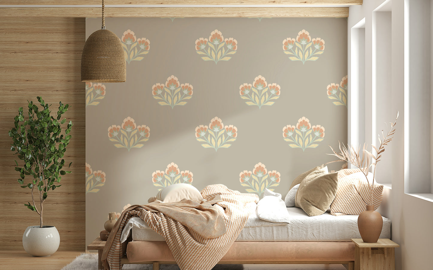 Decorative Serene Flora pattern, antique textile color palette wallpaper.