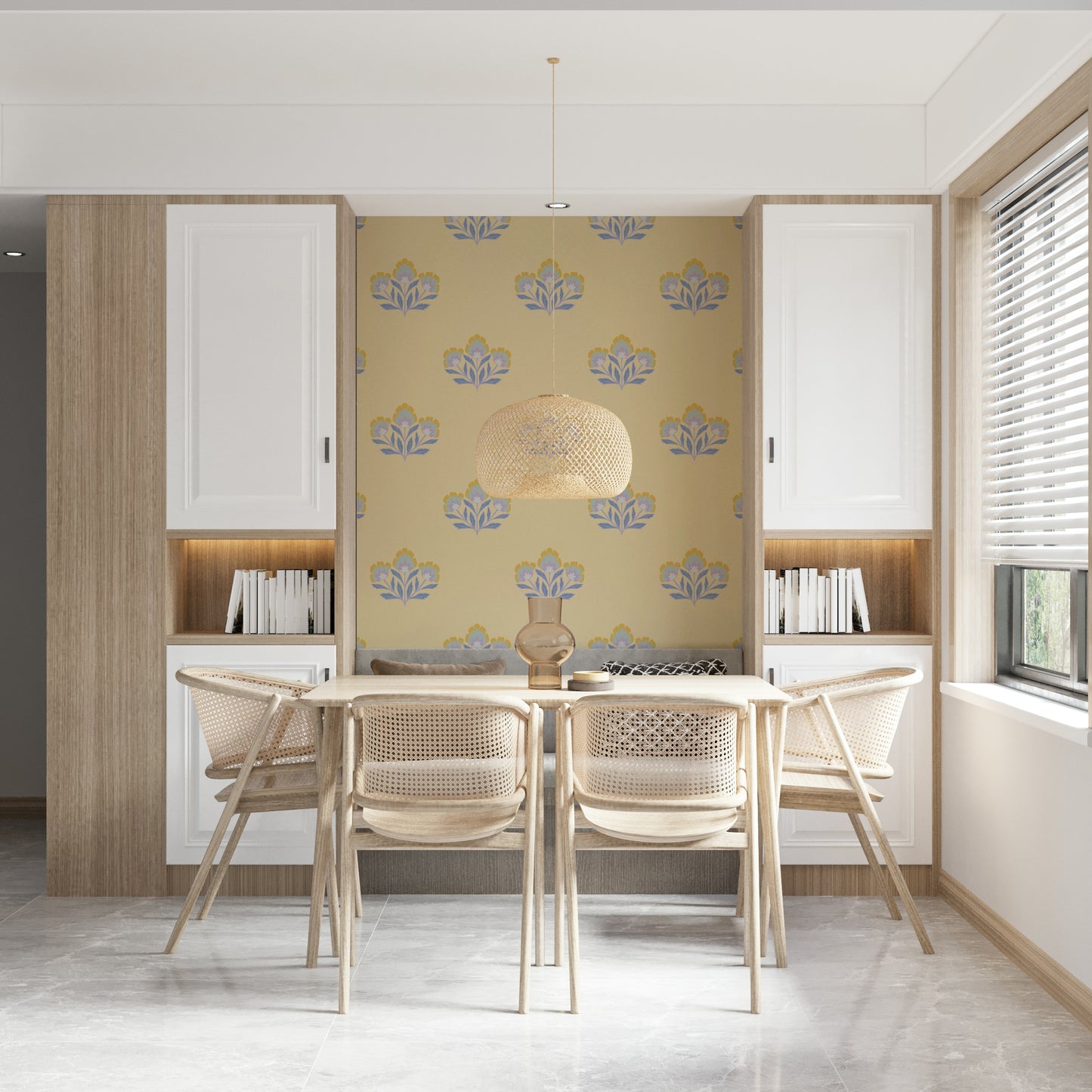 Blissful Serene Flora wall mural, restful pale yellow backdrop design.