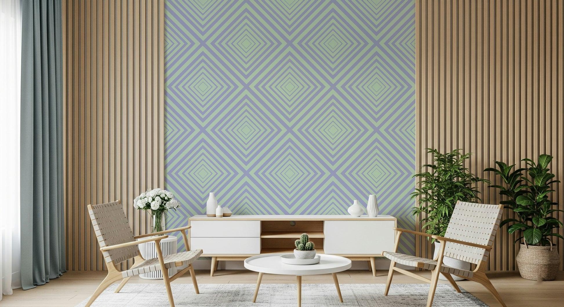 Vibrant spring Chevron Dreams wallpaper installation striking lines peaceful.