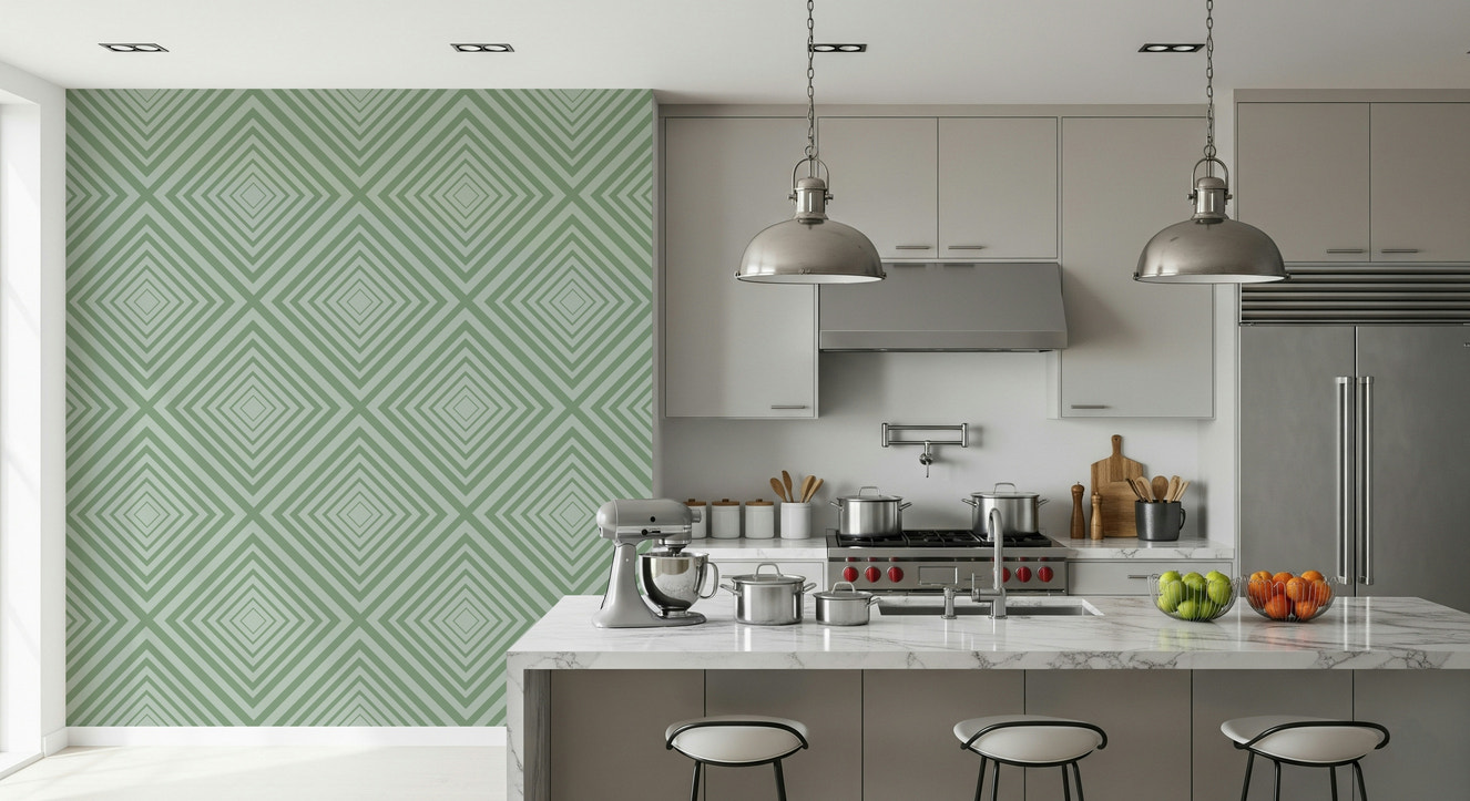 Geometric Sage striped mural, modern abstract line pattern.
