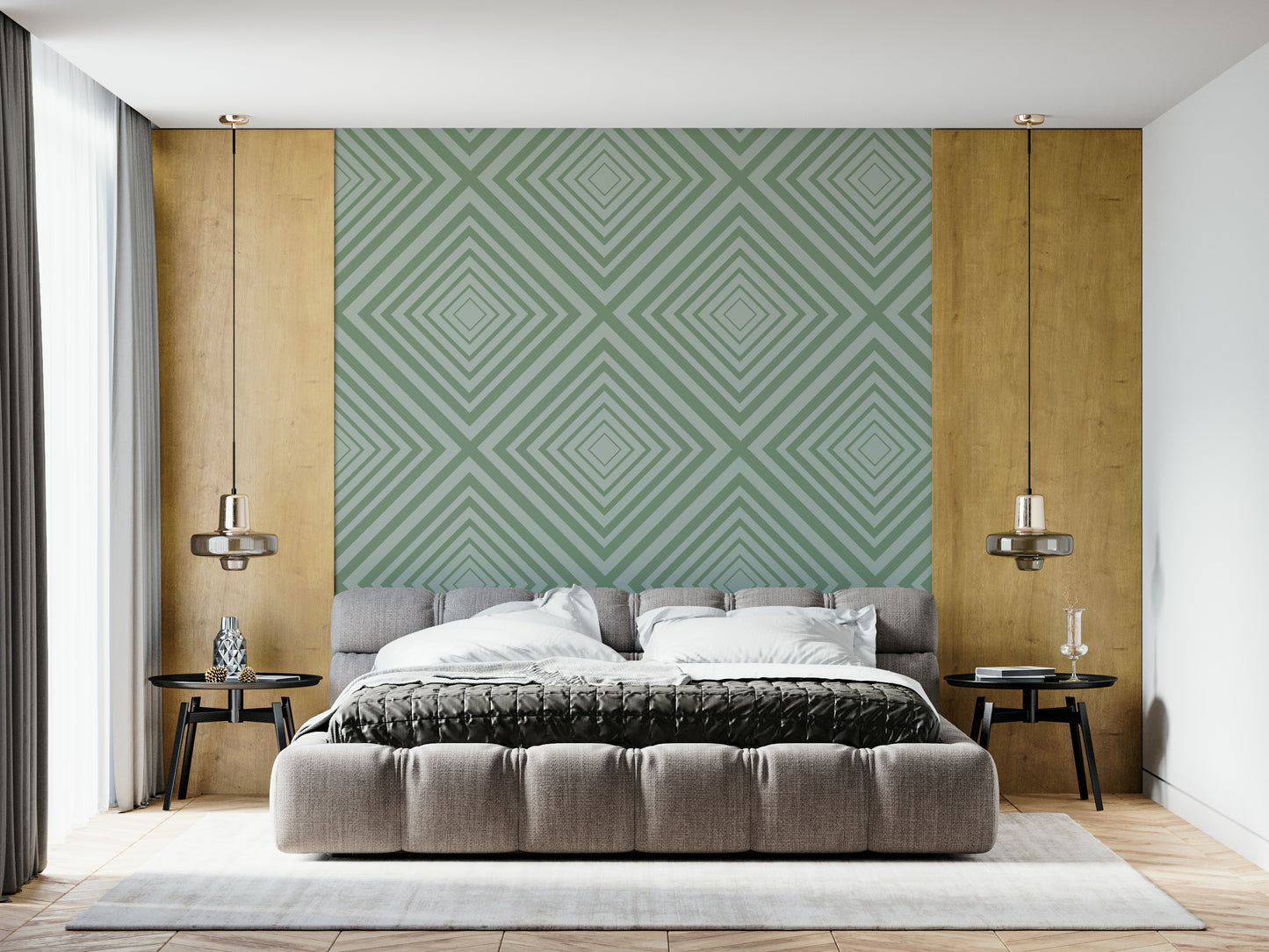 Calming Sage graphic wall mural subtle geometric repeating pattern.