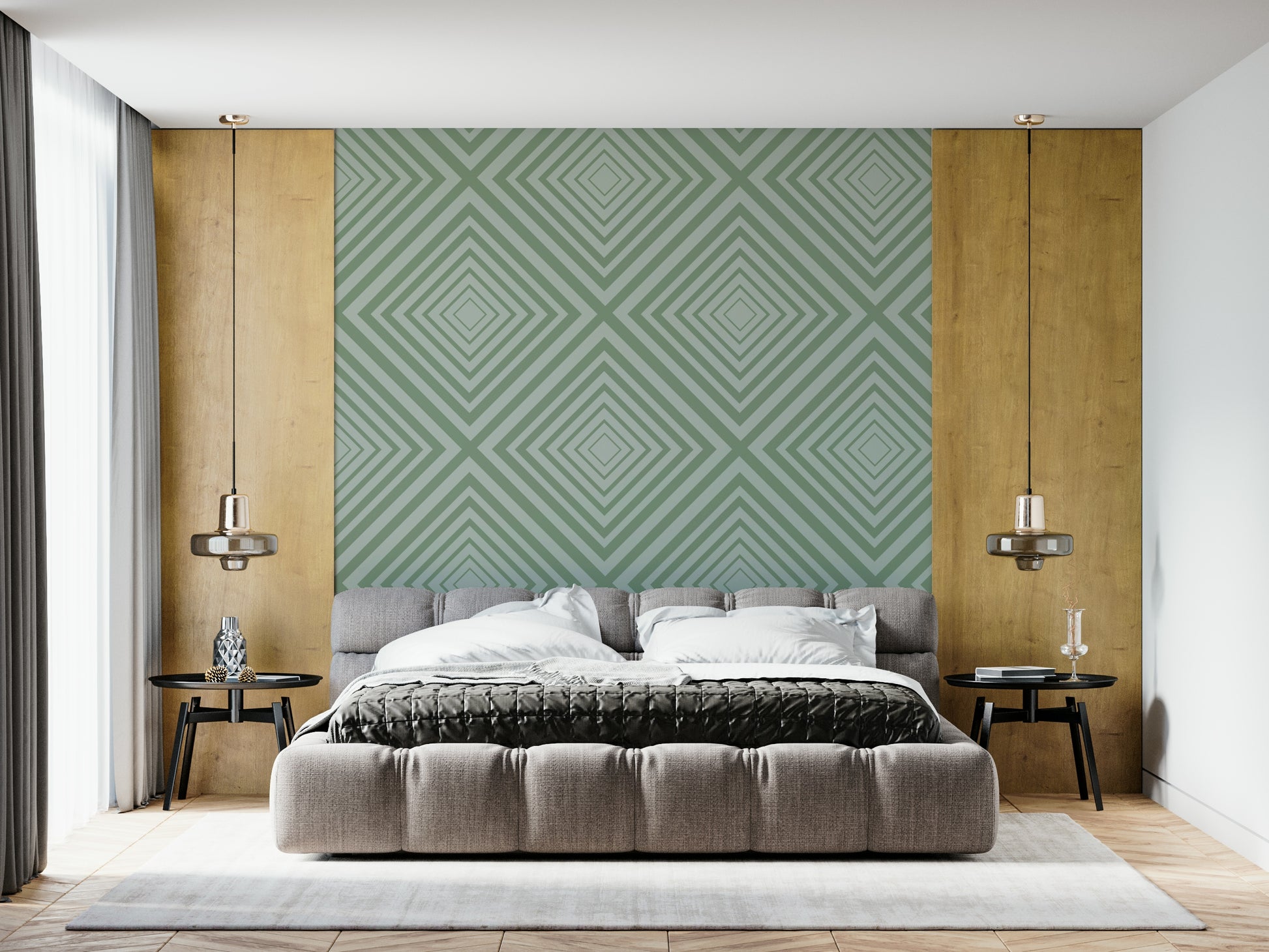 Calming Sage graphic wall mural subtle geometric repeating pattern.