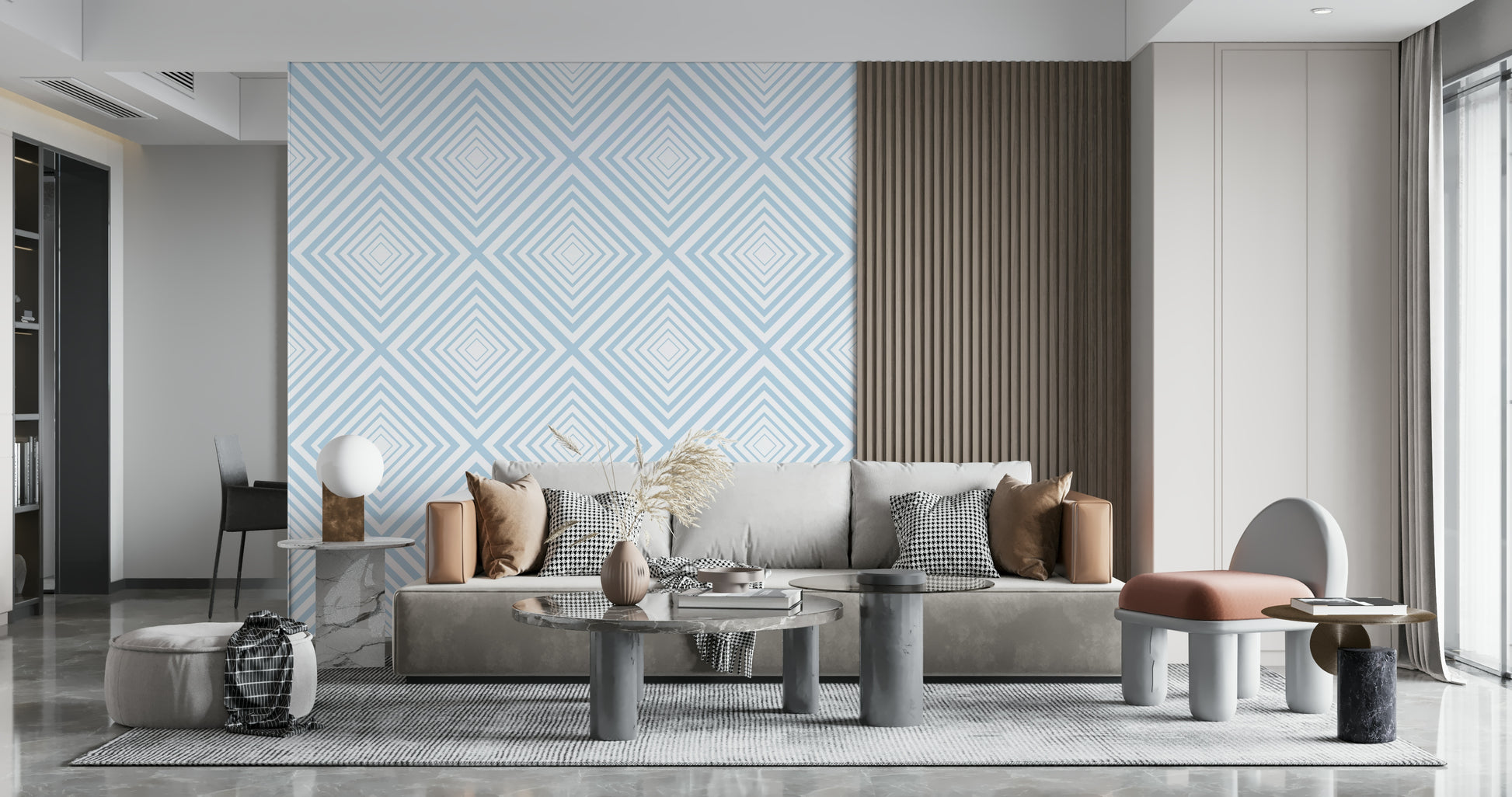Light blue and white colors define Sky Blue Chevron for walls.