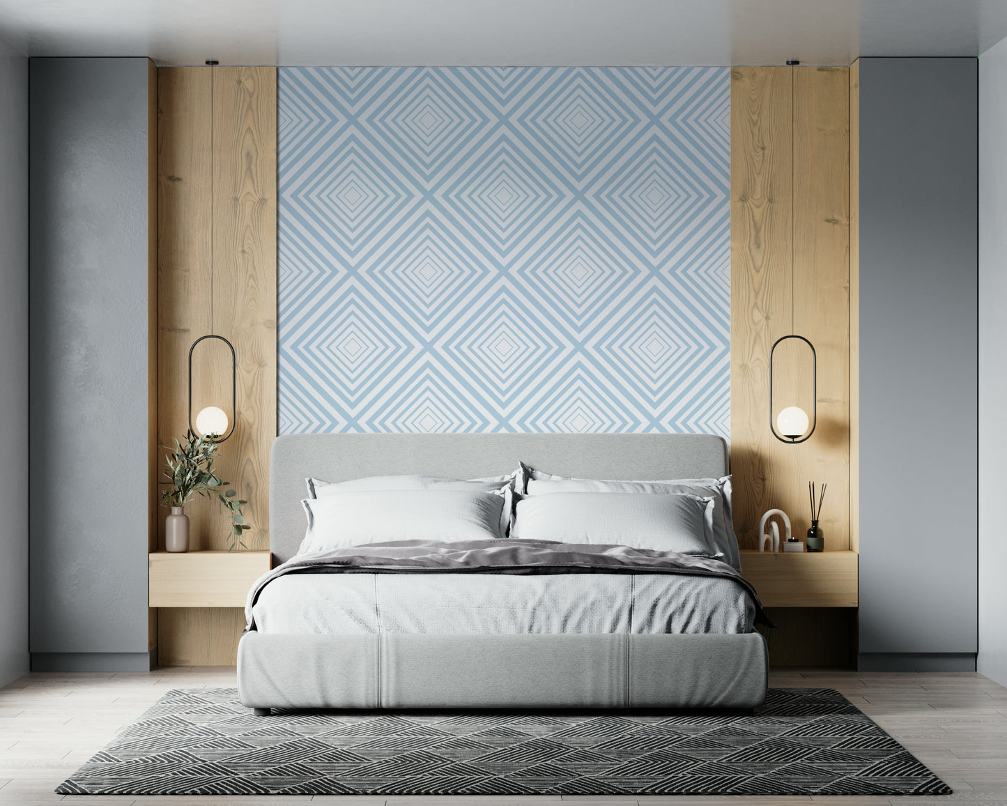 Wide perspective showing Sky Blue Chevron wallpaper repeating design.