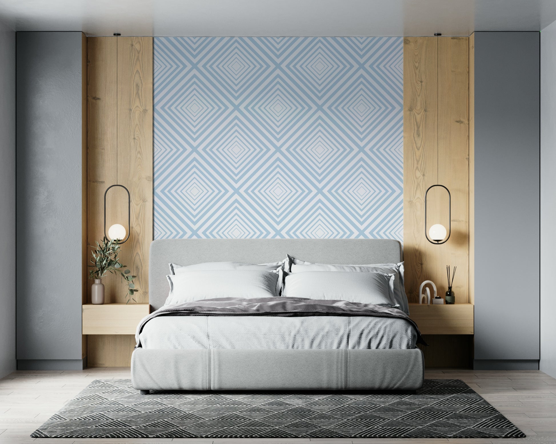 Wide perspective showing Sky Blue Chevron wallpaper repeating design.