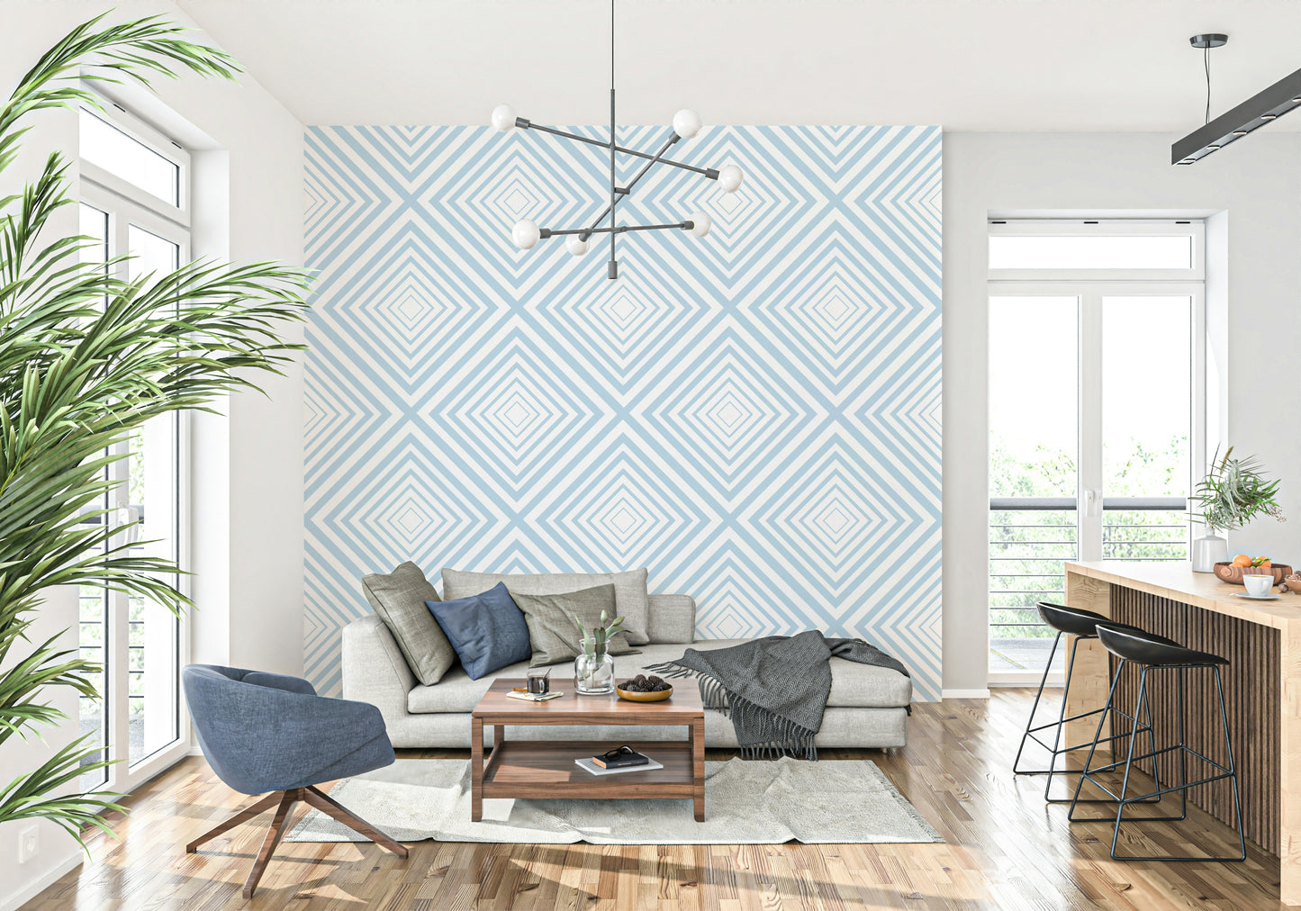 Sharp lines give depth to Sky Blue Chevron unique wallpaper print.