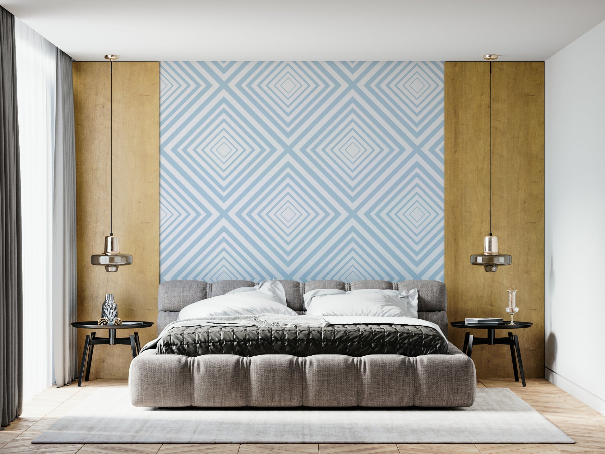 Layered V-shapes give movement to Sky Blue Chevron wallpaper pattern.