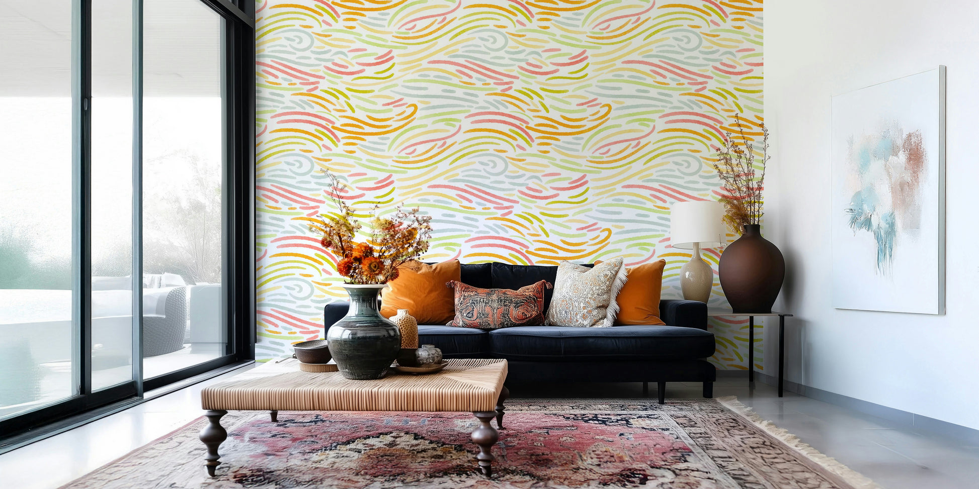 Curved flowing marks define Colorful Strokes wallpaper for walls.
