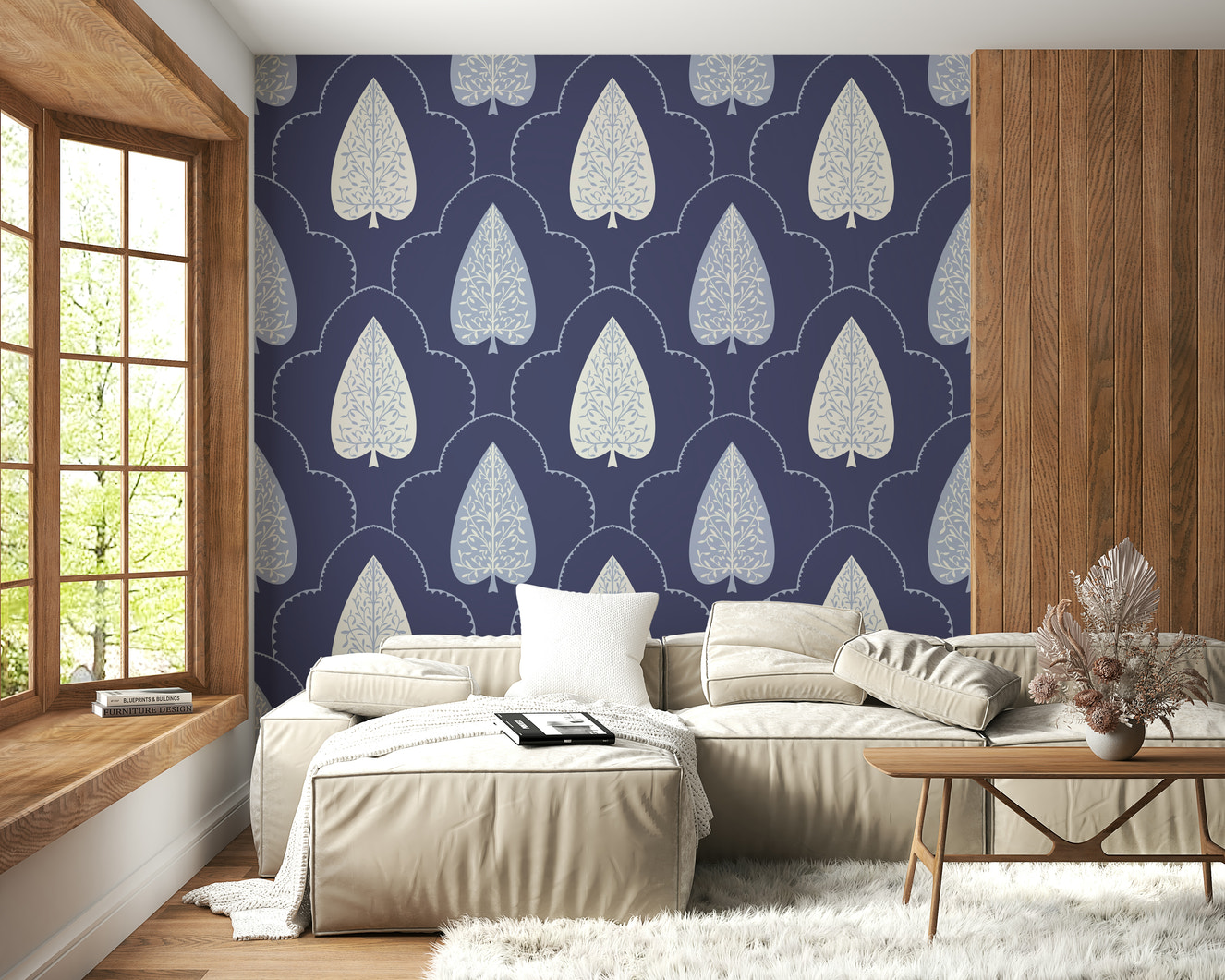 Geometric stylized leaf motif of Indigo Grove Botanical Echoes Wallpaper.