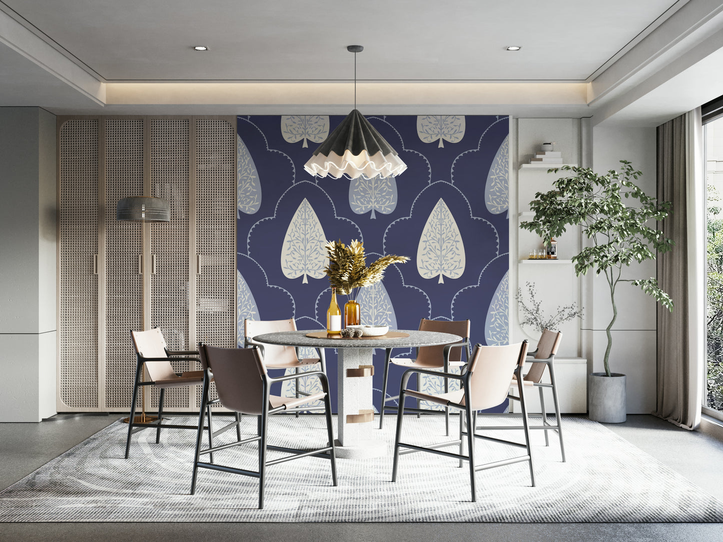 Ornate spade shape pattern on Indigo Grove Botanical Echoes Wallpaper mural.