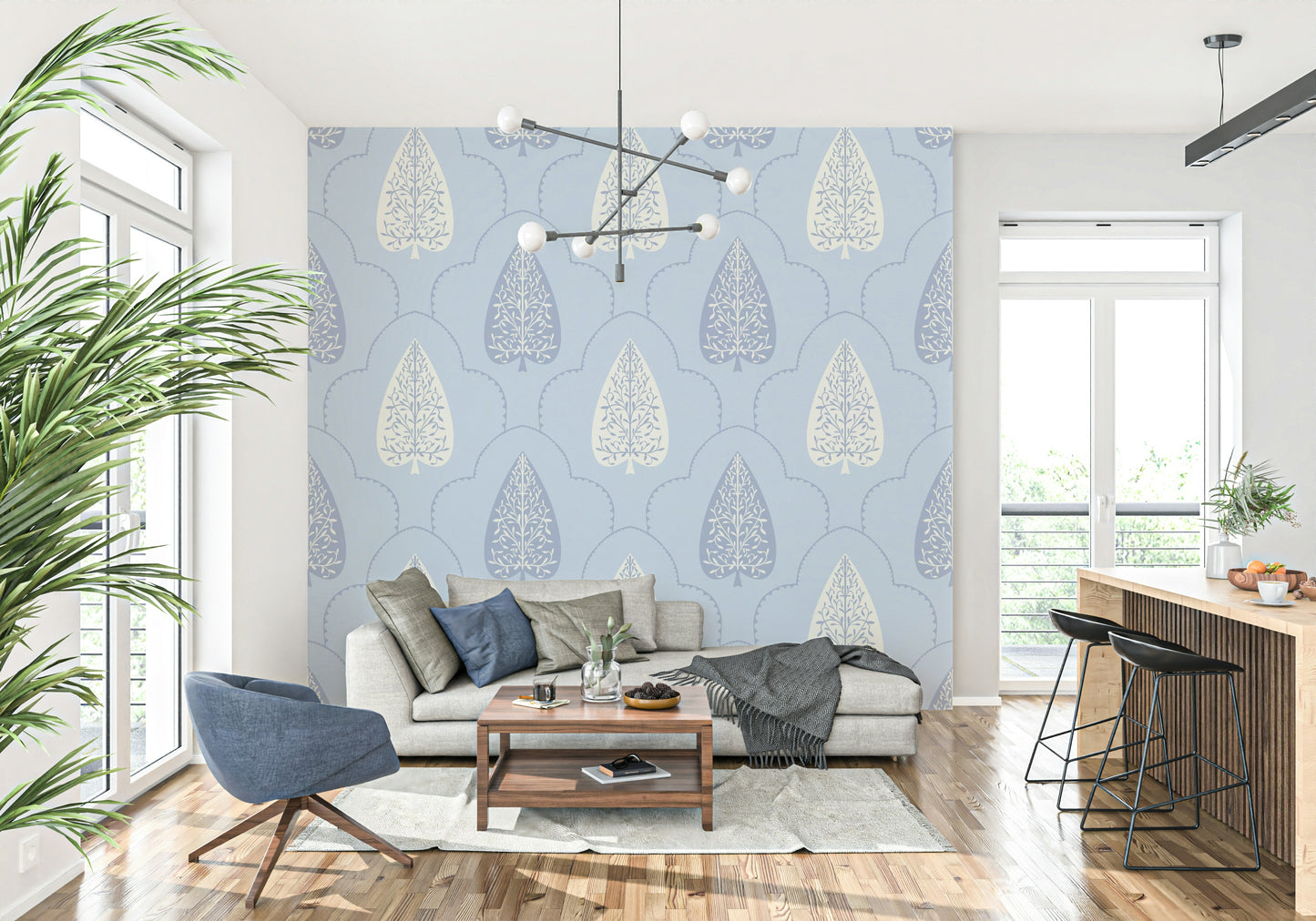 Tranquil blue scallop wall mural, Arbor Branch Harmony, refined interior feature.