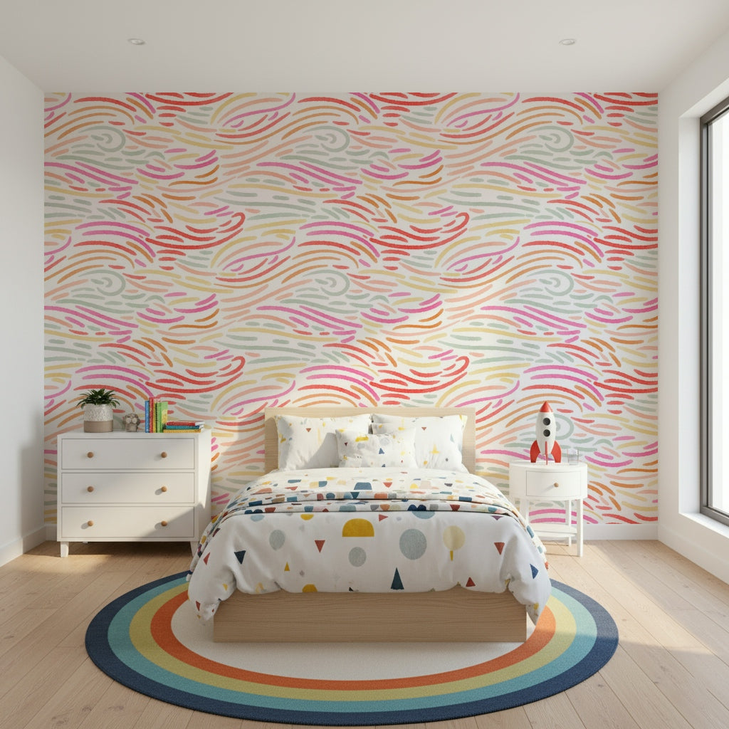 Hand-painted curve motif wallpaper, charming decorative visual, Candy Pastel Strokes.
