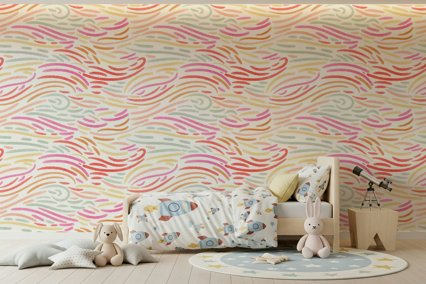 Pink and green brushstroke wallpaper for children's room, Candy Pastel Strokes.
