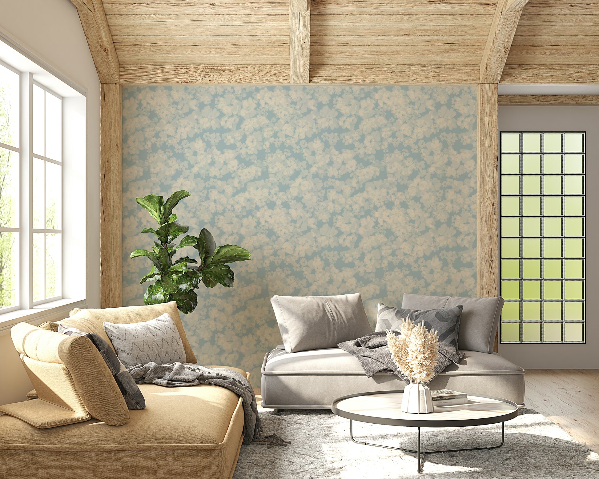 Calm aqua floral image wall mural, Painted Petals Calm, restful repeat pattern.