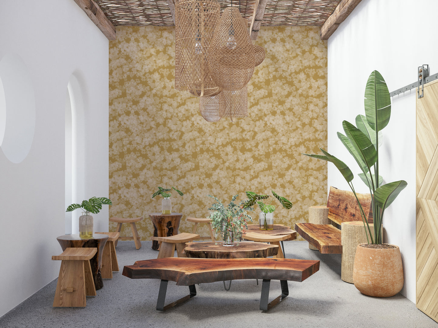 Rich ochre floral wall mural, Golden Soft Blossom, opulent living area feature.