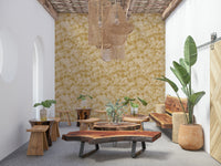Rich ochre floral wall mural, Golden Soft Blossom, opulent living area feature.
