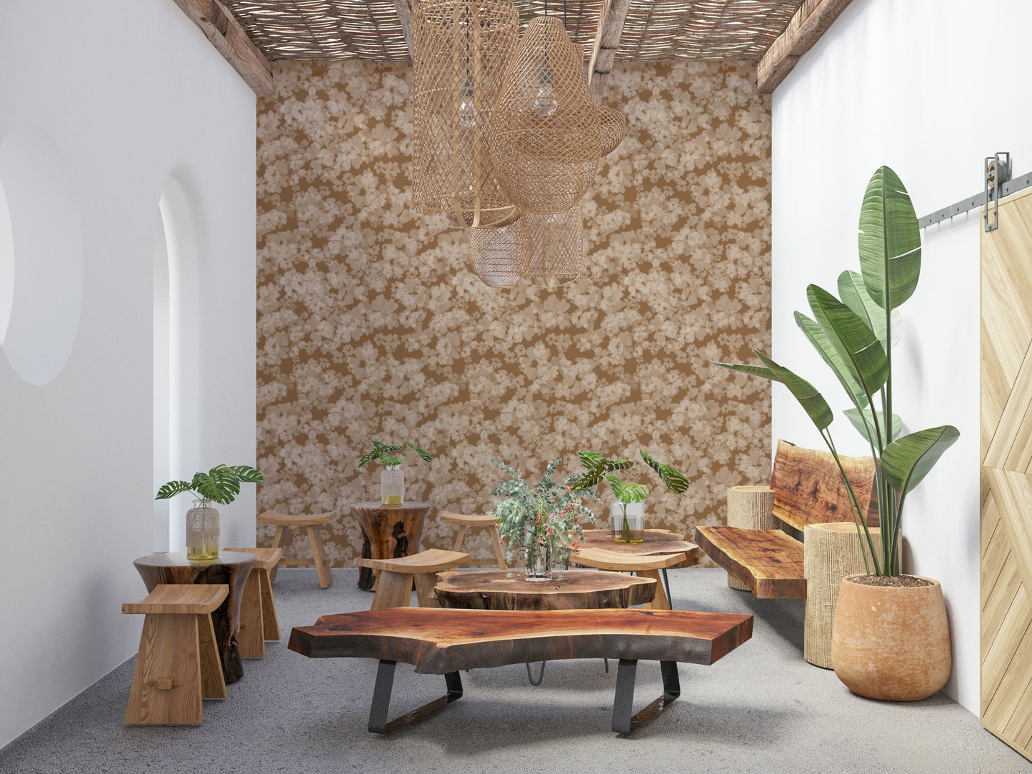 Warm earth tone flower wallpaper, gentle flowing design, Neutral Floral Haze.