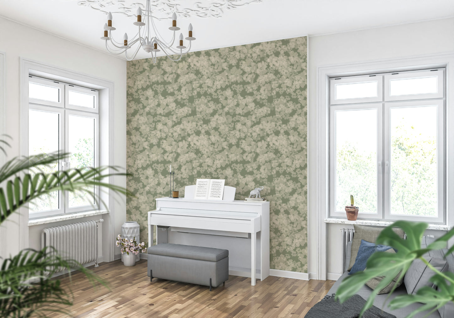 Soft floral pattern, impressionistic style, creamy white blossoms, calming interior.