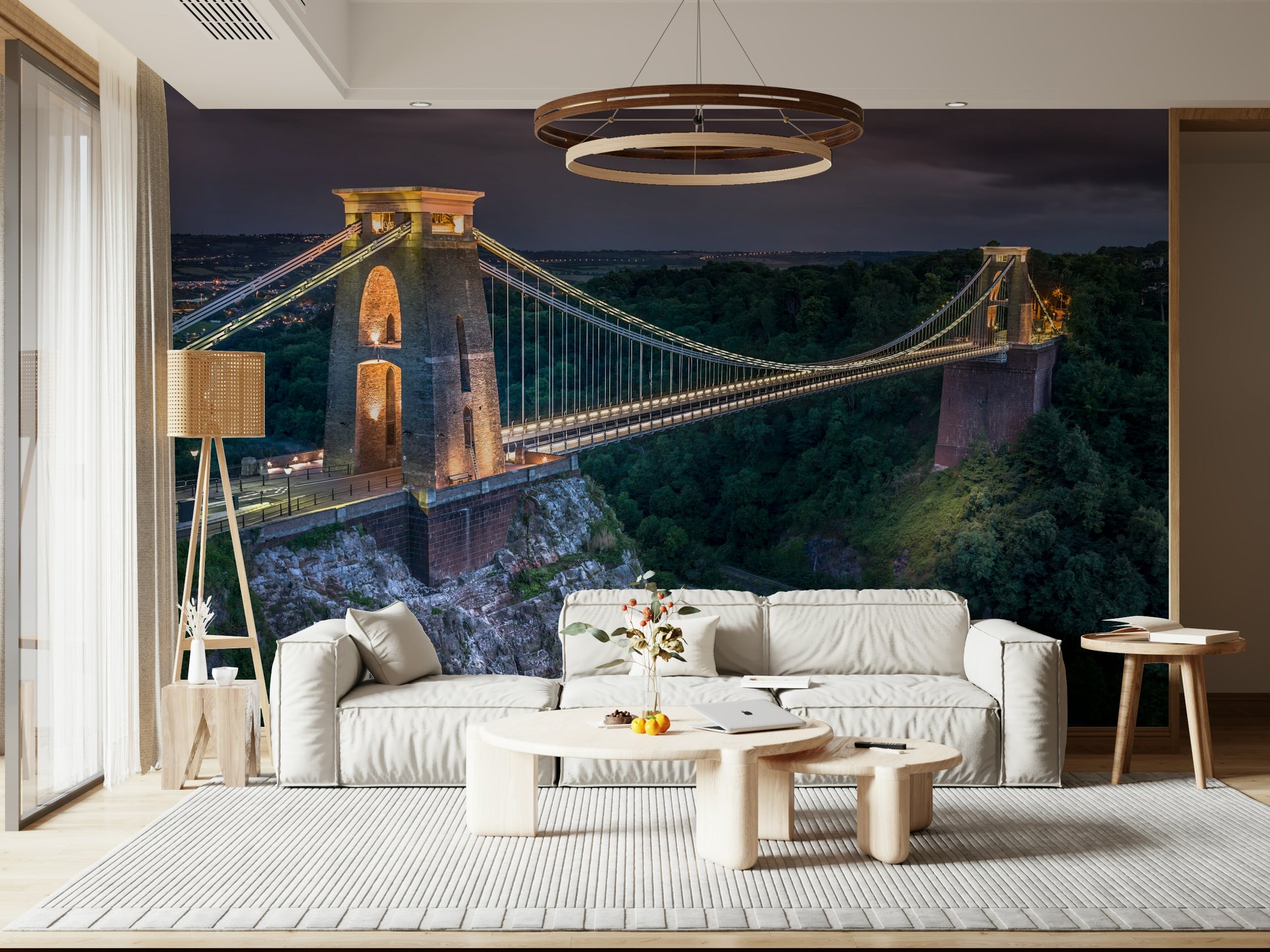 Lit cables and towers of Clifton Suspension Bridge for walls.