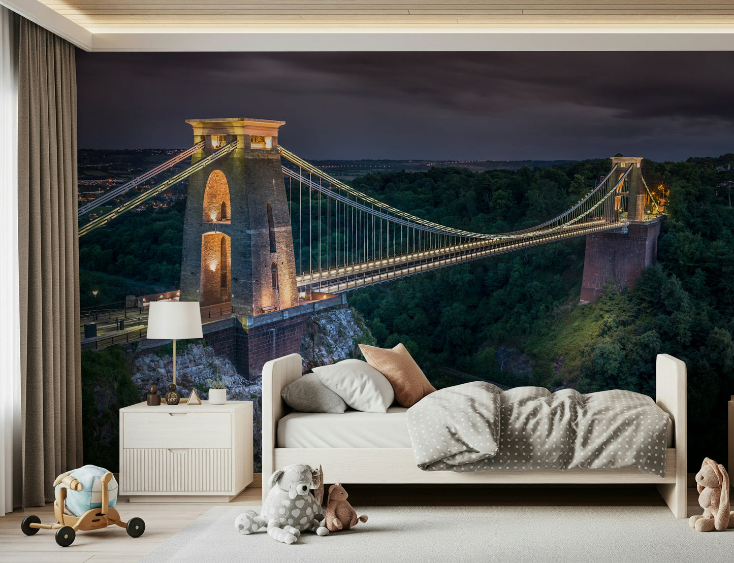 Forested cliffsides below Clifton Suspension Bridge landmark.