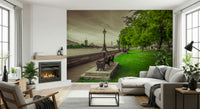 Classic British park benches on Restful Moments by the Thames wallpaper.