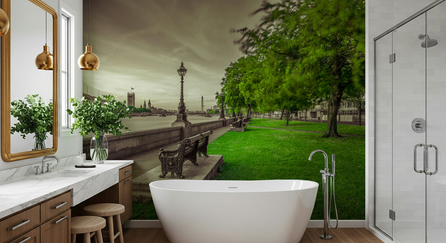 Quiet London atmosphere on Restful Moments by the Thames mural art.