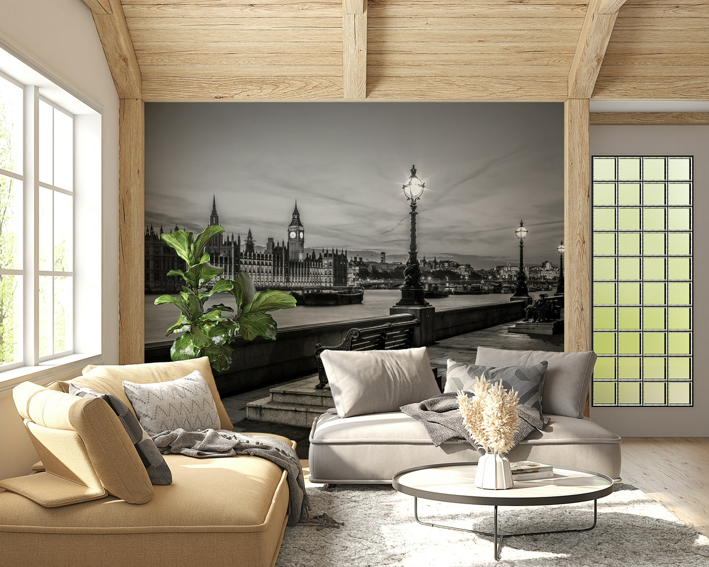 Evening cityscape wall mural, London skyline features historic gothic revival architecture.