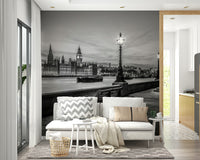 Thames Twilight wallcovering, monochromatic architecture, serene water, glowing light fixtures.